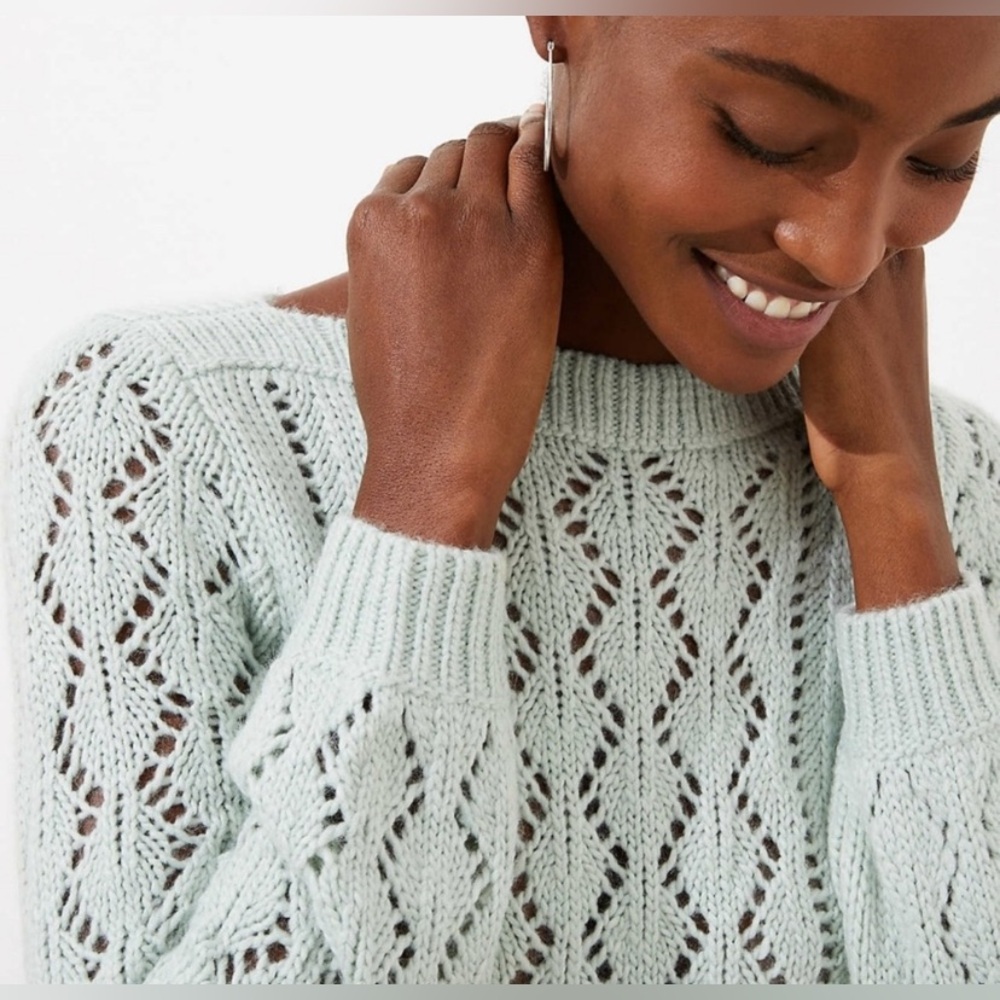 LOFT Mint Green Pointelle Sweater Open Knit Boat Neck Scallop Hem Small - Picture 3 of 11